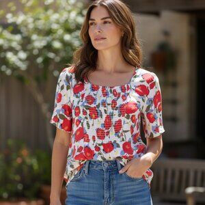 In Every Story Plus Size 1X Red Poppy Floral Short Sleeved Shirred Front Blouse